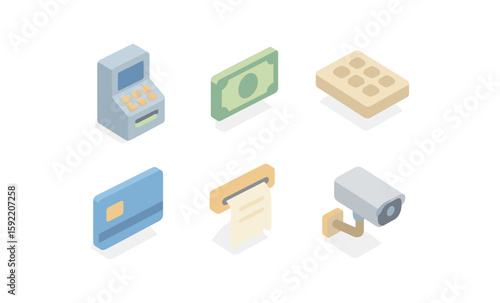 Isometric bank icons set featuring atm, cash, card, and security camera