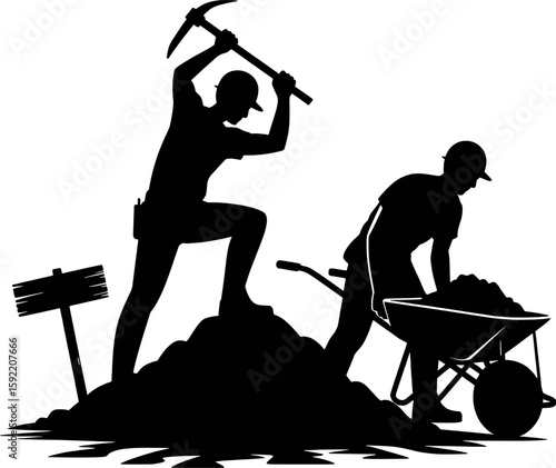 Silhouette of construction workers digging and loading materials pickaxe wheelbarrow