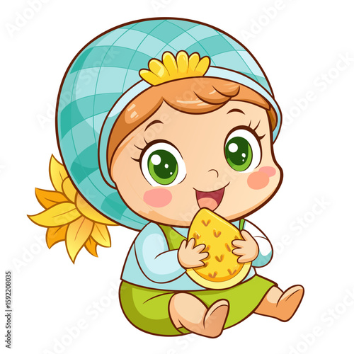 Adorable cartoon baby girl enjoying pineapple smiling happily