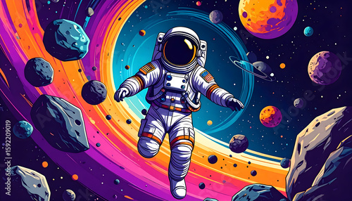 Fototapeta Naklejka Na Ścianę i Meble -  Pixel Art Astronaut Floating in Colorful Nebula