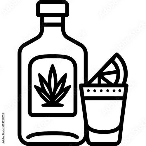 Tequila bottle with shot glass outline icon vector