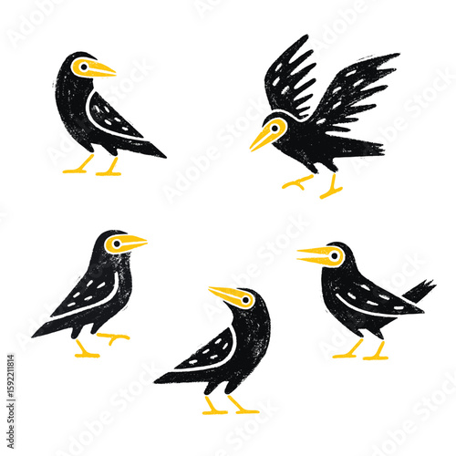 Black bird in different poses in linocut style. Vector illustration. EPS format can be changed in size and color.