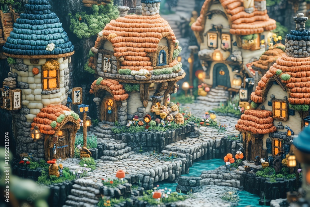 Fototapeta premium Whimsical Miniature Village with Colorful Mushroom Houses in Fantasy Landscape