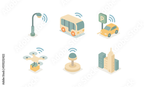 Smart city isometric design featuring autonomous vehicles and iot elements