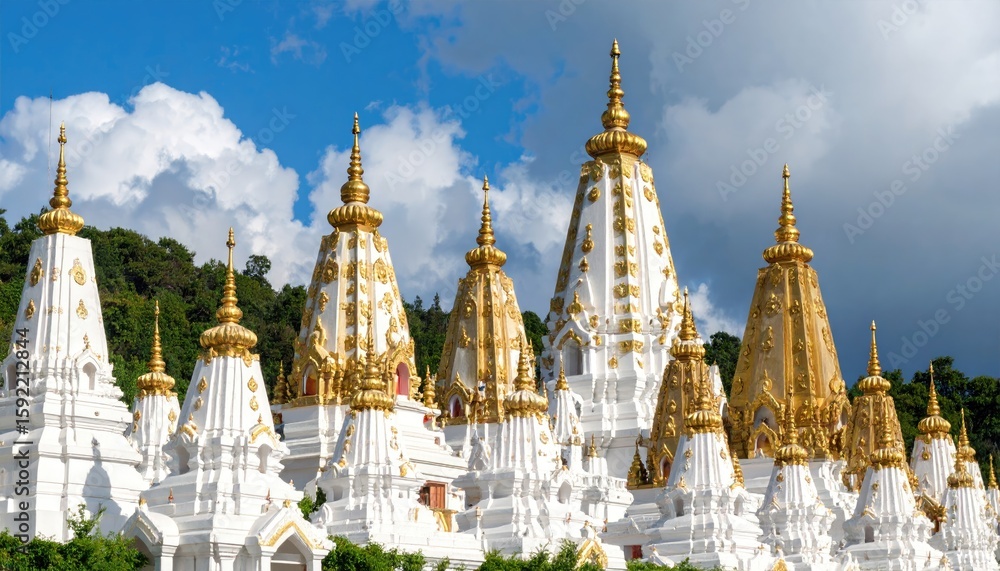 Naklejka premium White temples with gold accents under a partly cloudy sky