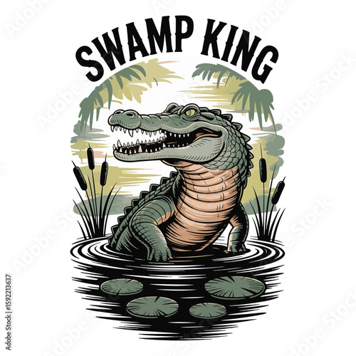A fierce alligator with the text "Swamp King," representing strength and power. Vector t shirt design