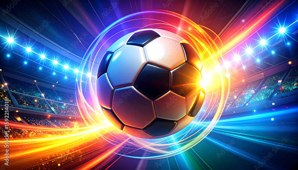 Naklejka premium Dynamic Soccer Ball in Vibrant Stadium Lights