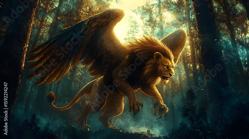 Majestic winged lion soaring through a mystical forest.  Large creature with golden fur and dark wings, powerful stance, bathed in sunlight filtering through trees