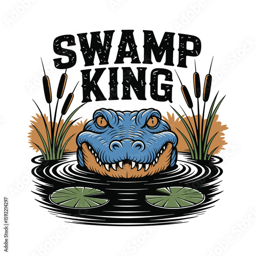 "Swamp King" featuring a fierce alligator in the swamp, symbolizing power and dominance in nature. Vector illustration.