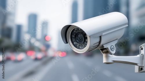 Fototapeta Naklejka Na Ścianę i Meble -  Modern surveillance system monitoring busy urban street, white security camera overlooking city traffic, highlights safety tech.