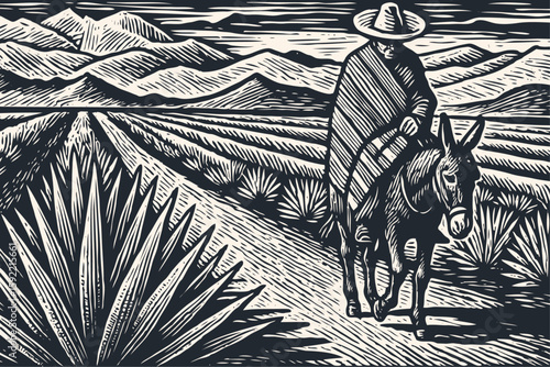 A Mexican farmer in a poncho and sombrero leads his donkey through an agave field. Vector illustration in a traditional vintage woodcut print style.