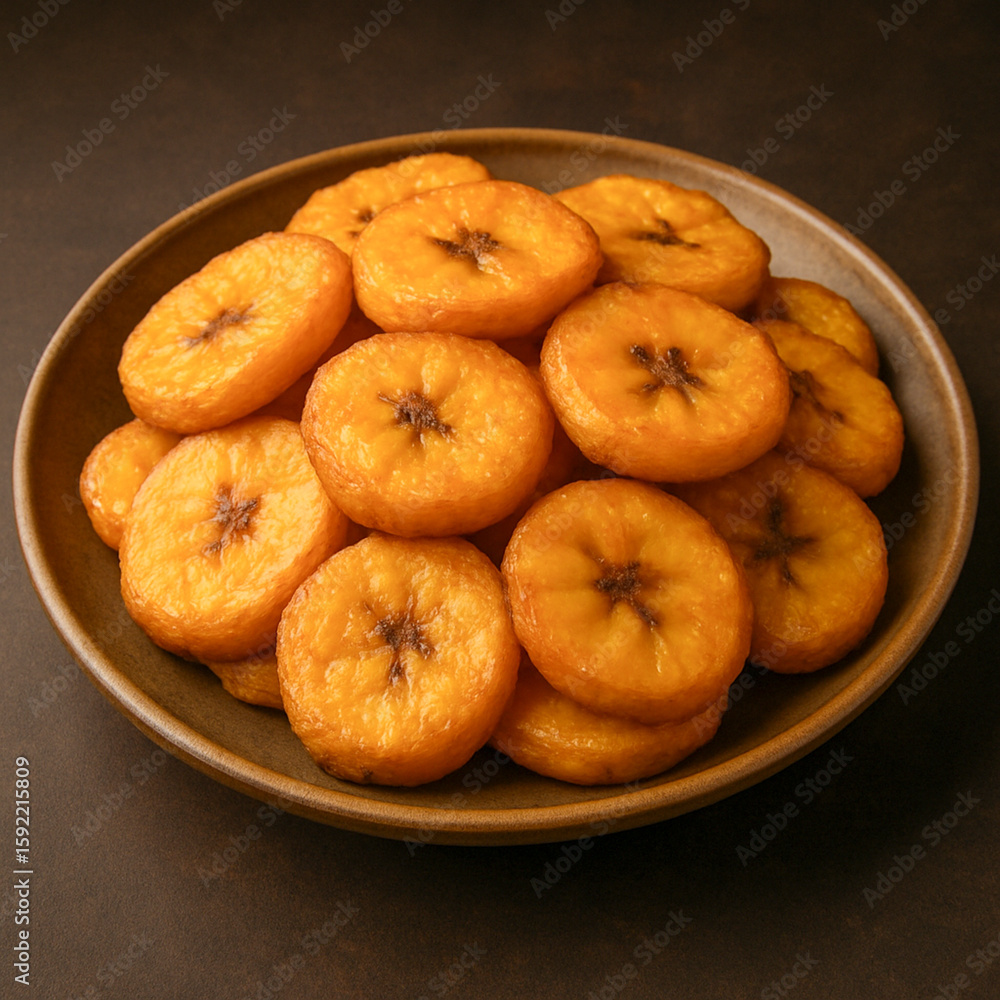 Fried Plantain Slices Served on Rustic Ceramic Plate Fried Plantain Slices Served on Rustic Ceramic Plate