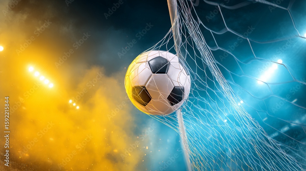 Naklejka premium Dynamic soccer ball in mid-air, vibrant stadium lights creating intense atmosphere, perfect for sports event promotions.