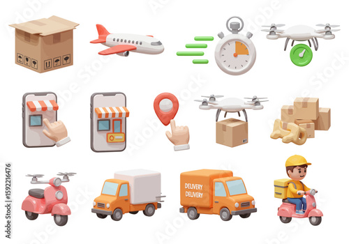Modern Logistics and Delivery Services Featuring Drones Trucks Scooters Airplanes and Mobile Shopping Applications for Efficient Parcel Transportation