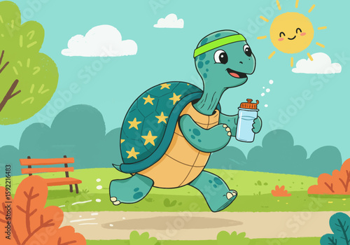 A cheerful turtle wearing a green headband is jogging happily through a sunny park with a bottle of water in its hand.