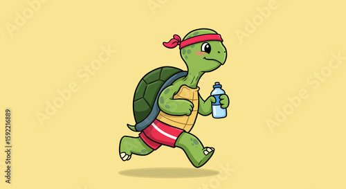 A determined cartoon turtle with a red headband and shorts is jogging with a water bottle on a light yellow background signifying a healthy lifestyle and perseverance in fitness activities