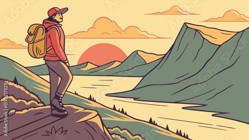 Man hiking outdoor adventure scenic mountain landscape travel backpacking trip vector illustration design