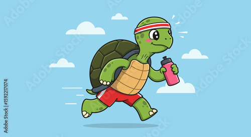 A Determined Turtle Embarks on a Journey of Fitness and Health with a Water Bottle in Hand