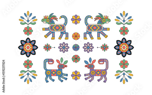 Vibrant Alebrije Pattern: Mexican Folk Art Illustration with Stylized Animal Figures and Flowers for Textile Designs, Cultural Projects, and Colorful Backgrounds