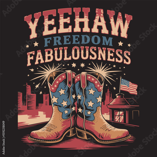 "Yeehaw, Freedom, Fabulousness" with cowboy boots, expressing freedom and country pride. Vector illustration t shirt design