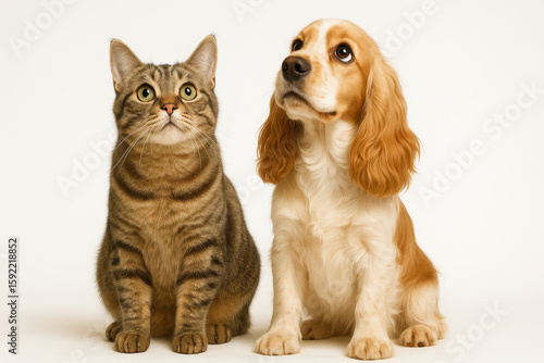 Wallpaper Mural A cat and a dog are sitting next to each other on a white background. The cat is looking at the camera while the dog looks away Torontodigital.ca