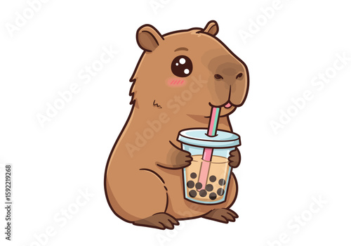 Adorably Cute Capybara Enjoying a Refreshing Bubble Tea Drink with a Straw
