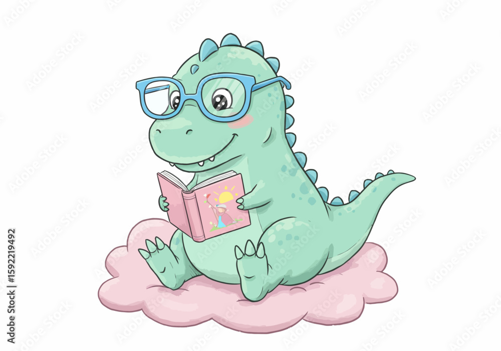 Naklejka premium A Cute Green Dinosaur Wearing Glasses Sitting on a Cloud Reading a Book