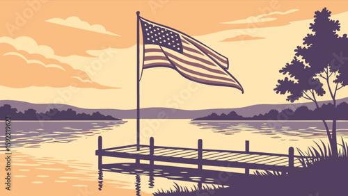 American flag waving on dock at lake sunset patriotic illustration vector graphic design for independence day