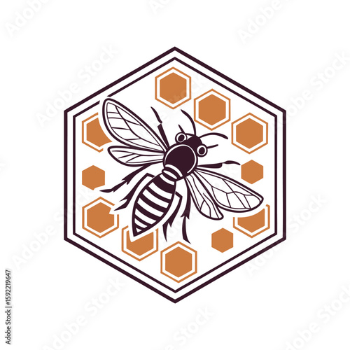 Bee and Honeycomb Emblem for Natural and Organic Honey Products On White Background
