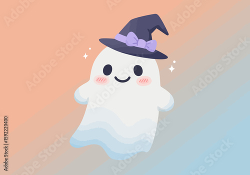 A Very Cute Ghost Wearing a Stylish Witch Hat with a Ribbon Decoration Radiates Happiness and Sparkle in this Whimsical Halloween Illustration