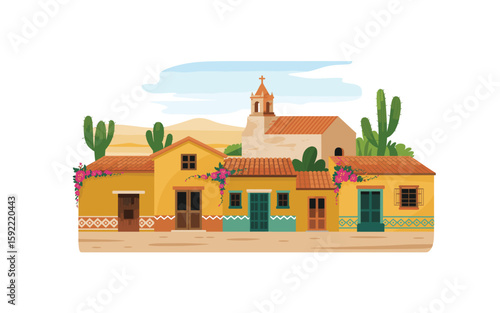 Vibrant Mexican Village Scene with Adobe Buildings, Cactus, and Church - Colorful Illustration of Traditional Architecture and Desert Landscape, perfect for travel posters.