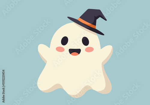 Adorable friendly ghost wearing a witch hat smiling happily with rosy cheeks on a light blue background celebrating Halloween season with festive spirit