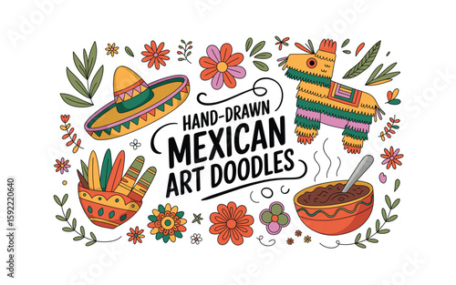 Hand-Drawn Mexican Art Doodles: Vibrant Sombrero, Piñata, Flowers, and Traditional Food, Celebrating Colorful Culture, Perfect for Cinco de Mayo and Festive Designs