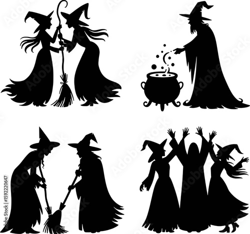 Witches with brooms cauldron and dancing silhouette vector