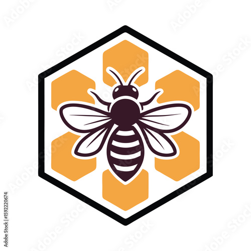 Bee and Honeycomb Emblem for Natural and Organic Honey Products On White Background
