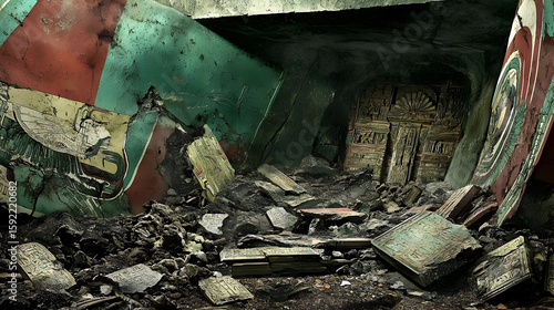 A ruined, cluttered space filled with debris, burnt books, and faded posters