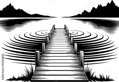 Wooden pier leading to calm water with distant mountains and ripples dock lake