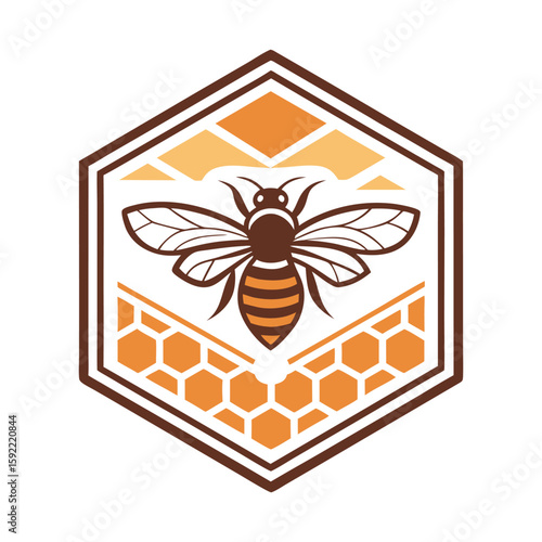 Honey Bee Logo in Hexagon with Honeycomb Pattern On White Background