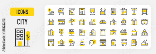 City icons. City Hall, Public Toilet, Parking, Traffic Lights, Dustbin, Hotel, Airport, Arch Of Triumph, Tram, Building, Street Lights, Hospital, Bank, Stop stroke vector illustration.	

