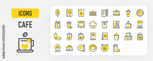 Cafe icons. Tips, Croissant, Coffee, Ketchup Bottle, Milk Carton, Bread, Coffee Shop, Cold Coffee, Dinner Table, Donut, Door, Egg And Bacon, Iced Tea, Cake stroke vector illustration.	