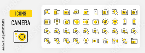 Camera icons. Video Camera, Photos, Battery, Picture, Flash, Camera Film, Cinema, Focus, Iso, No Flash, Play, Rotating, Selfie, Video Camera, Webcam, vector illustration.	
