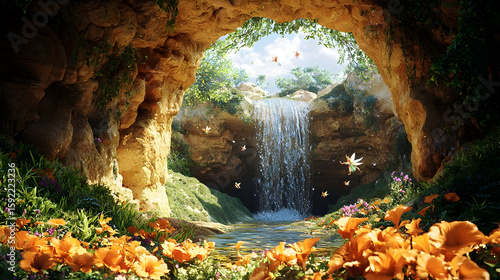 Lush cave opening reveals a waterfall cascading into a tranquil pool, surrounded by vibrant flowers and foliage.  Butterflies flutter amidst the greenery, creating a magical scene