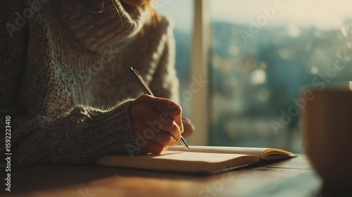 Woman Writing in Notebook by Window with Sweater and Coffee Cup Detail