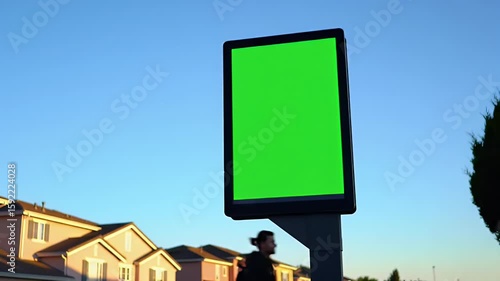 Vertical Digital Green Screen Billboard in Urban Street Setting, Ready for Custom Advertising or Information Display Against Blue Sky