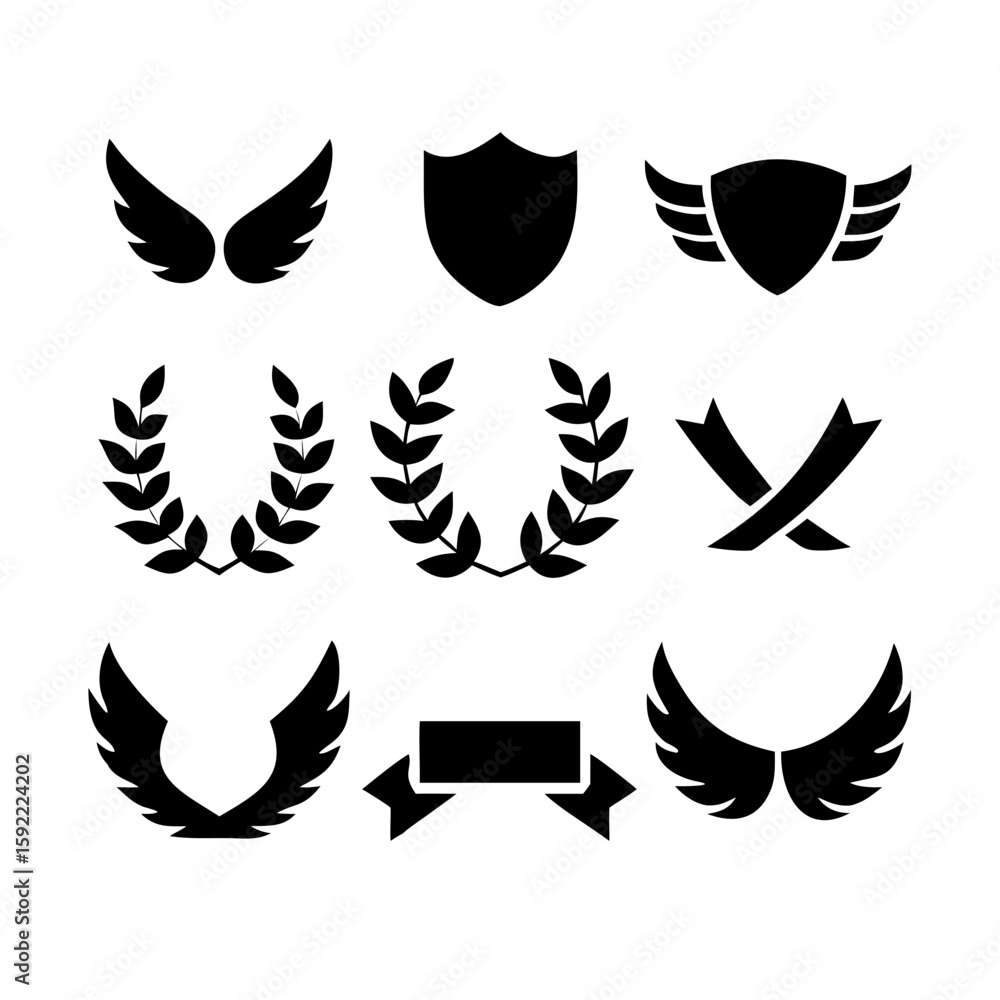 Obraz premium Laurel wreath, shield, wing, ribbon, and banners vector set. Laurel wreaths, shields, wings, ribbons illustration for awards, heraldry, logos, badges, and branding designs .