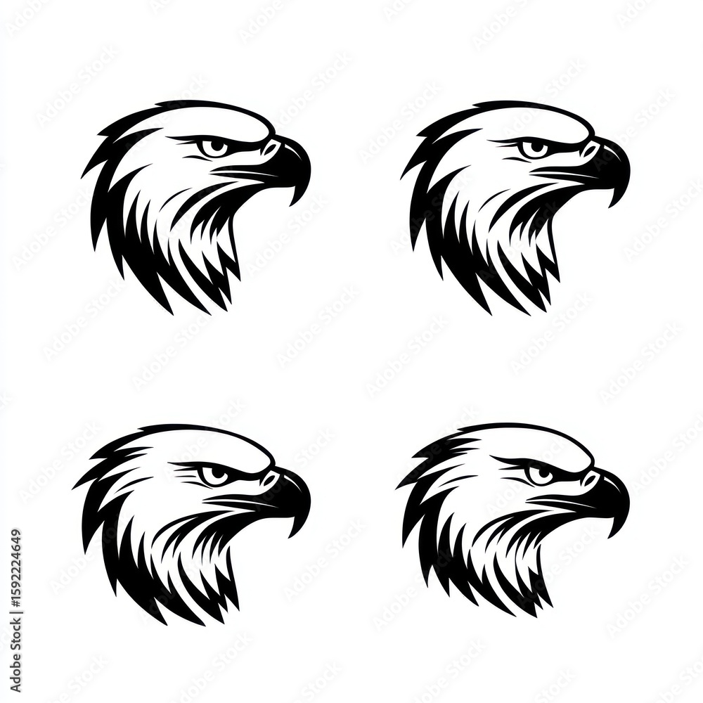 Fototapeta premium Four profile views of an eagle's head, black and white graphic design