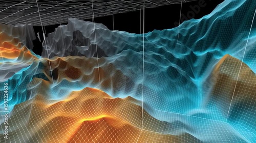 Quantum sensor technology navigation. A colorful 3D geological model visualizes underground layers using blue and orange gradients, indicating seismic or reservoir data.