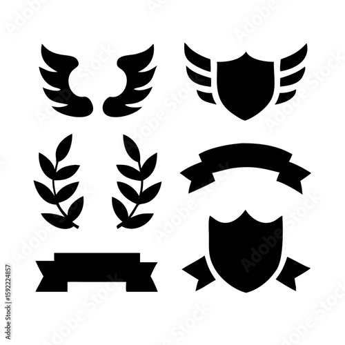 Laurel wreath, shield, wing, ribbon, and banners vector set. Laurel wreaths, shields, wings, ribbons illustration for awards, heraldry, logos, badges, and branding designs .