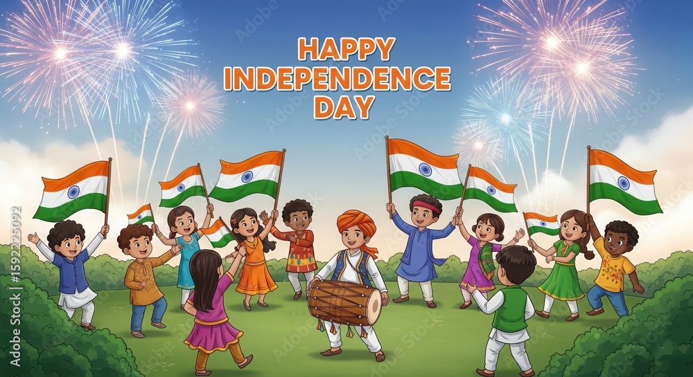 Fototapeta premium Happy Independence Day Kids Celebrating with Flags & Fireworks