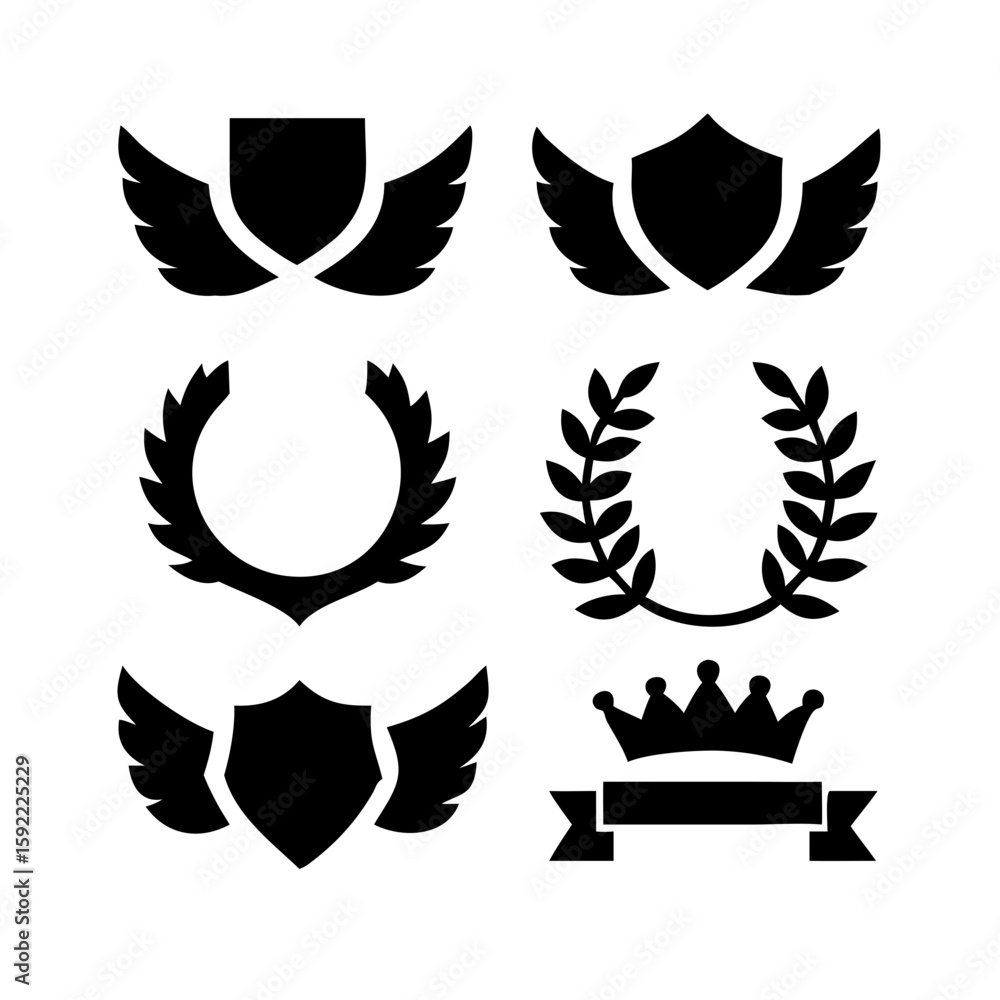 Fototapeta premium Laurel wreath, shield, wing, ribbon, and banners vector set. Laurel wreaths, shields, wings, ribbons illustration for awards, heraldry, logos, badges, and branding designs .